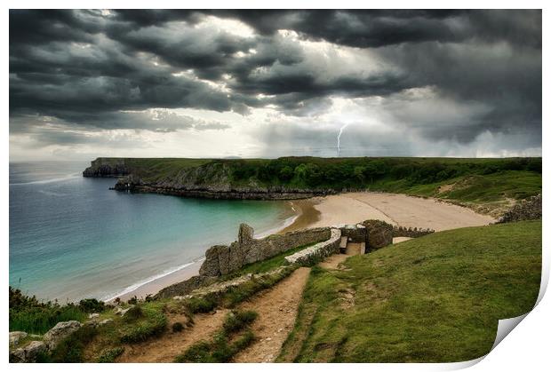 Striking Stormy Seascape at Barafundle Bay Print by Tracey Turner