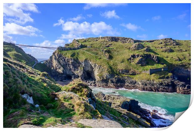 Tintagel Castle Bridge and Headland Print by Tracey Turner