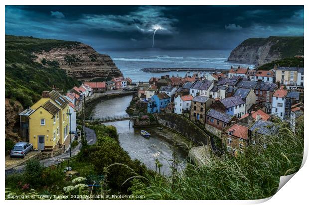 Dramatic Stormy Night in Staithes Print by Tracey Turner