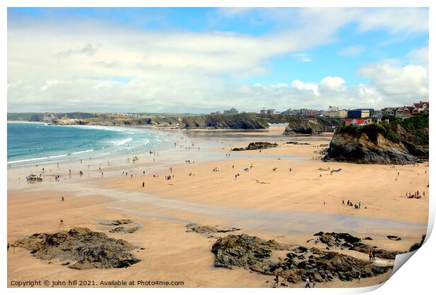 Newquay beaches at low tide, Cornwall. Print by john hill
