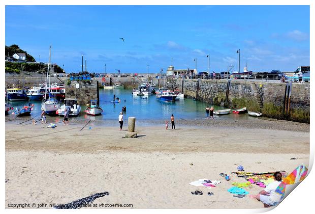Harbor beach and harbour, Newquay, Cornwall. Print by john hill