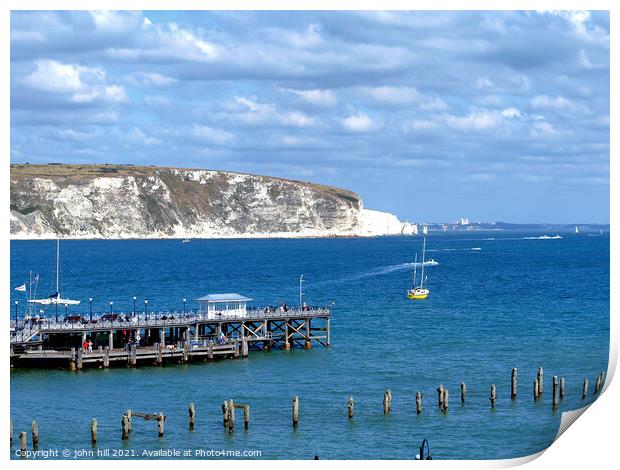 Old  & New piers, Swanage, Dorset. Print by john hill