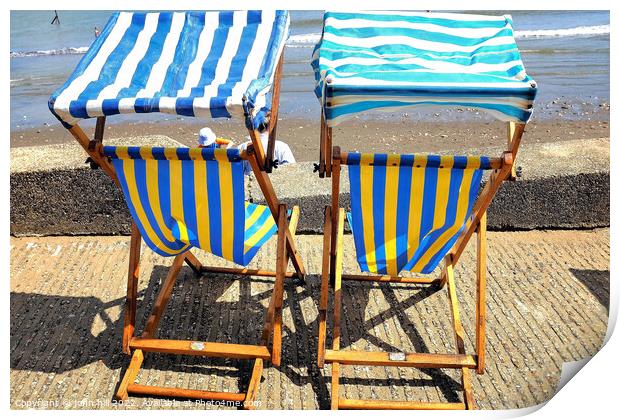 Sunshade deckchairs, Shanklin, Isle of Wight, UK. Print by john hill