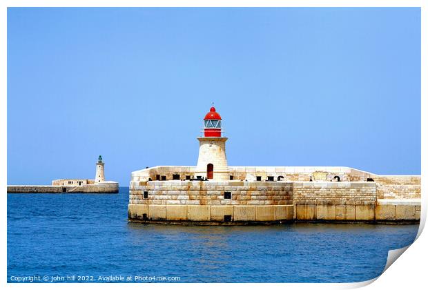 Entrance Lighthouses, Grand harbor, Malta. Print by john hill
