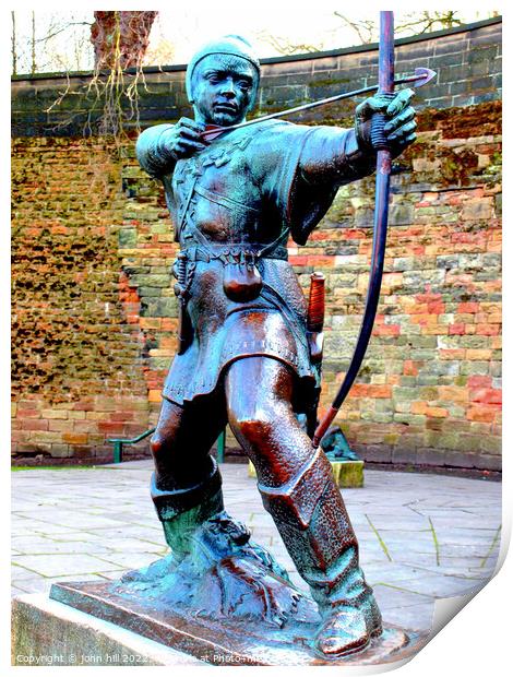 Robin Hood statue, Nottingham. Print by john hill