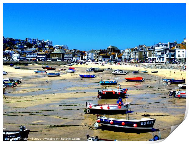 Harbour & town at low tide, St.Ives, Cornwall, UK. Print by john hill