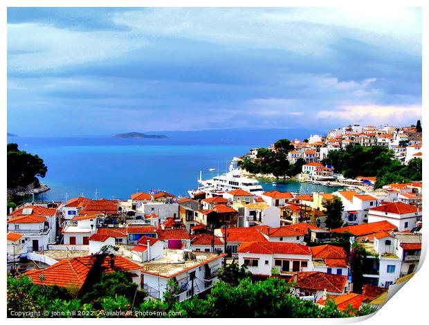 Old port and town, Skiathos, Greece. Print by john hill