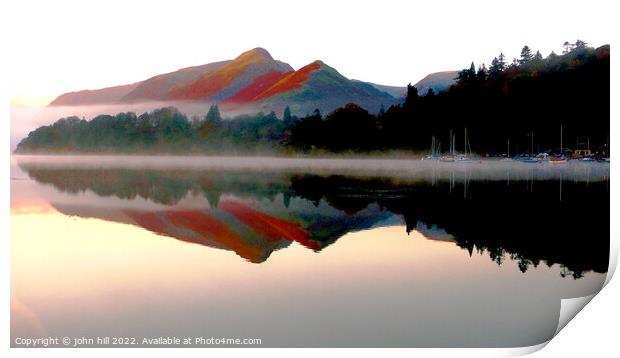 Mountain reflections at Derwentwater, Cumbria Print by john hill