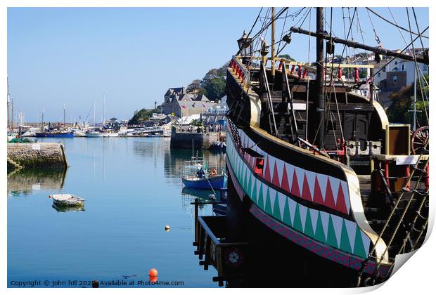 Golden Hind in Brixham harbour. Print by john hill