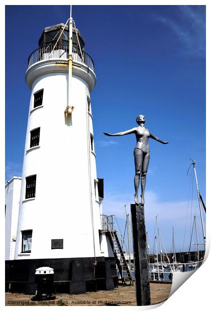 Harbour lighthouse and bathing belle statue at Scarborough. Print by john hill