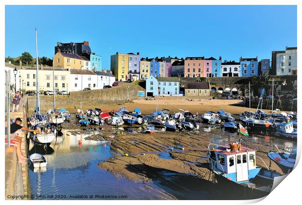 The beautiful colorful harbour of Tenby Wales at low tide. Print by john hill