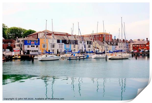 Yachts and reflections by the quay at Weymouth in Dorset. Print by john hill