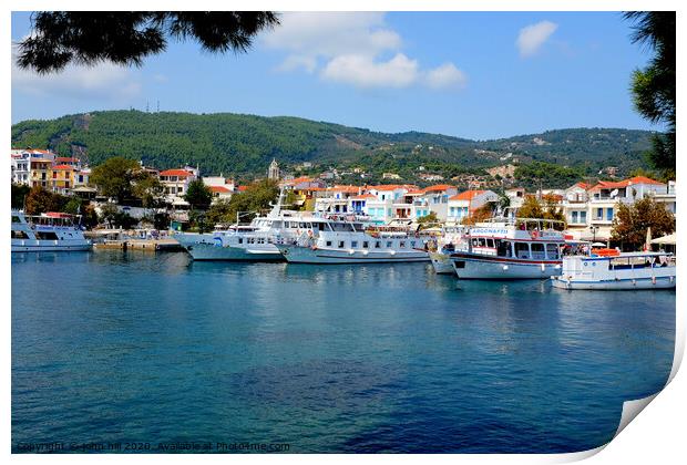 Tha old port at Skiathos town in Greece.  Print by john hill