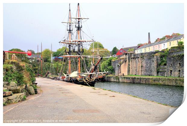Tall ships moored in Harbour at Charlestown in Cornwall. Print by john hill