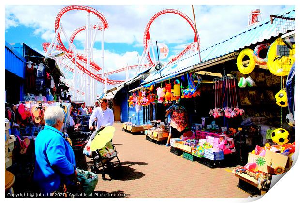 Ingoldmells outdoor market with funfair behind at Skegness in Lincolnshire. Print by john hill