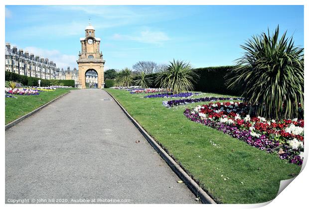 The Holbeck clock tower and South cliff gardens at Scarborough in Yorkshire.  Print by john hill