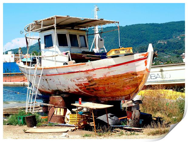 Greek fishing boat having service in Dry dock. Print by john hill
