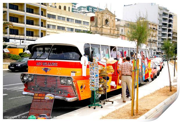 Souvenir bus on the seafront at Silema in Malta. Print by john hill