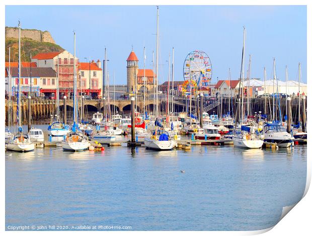 Harbour marina and funfair at Scarborough in Yorkshire.  Print by john hill