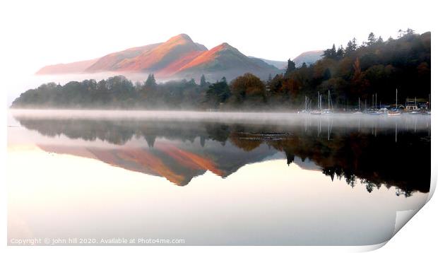 Morning reflections on Derwent water in Cumbria. Print by john hill
