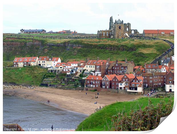 Old Whitby town beach and church in North Yorkshire. Print by john hill