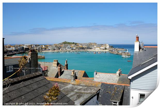 St. Ives view over the rooftops.  Print by john hill