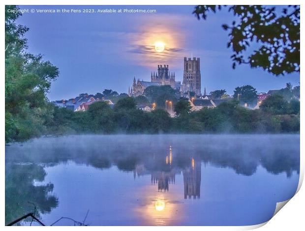 Full moon over Ely Cathedral  Print by Veronica in the Fens