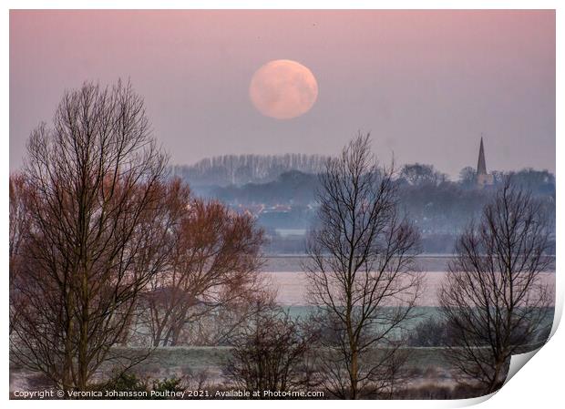 Fullmoon setting over Stretham in the Fens Print by Veronica in the Fens