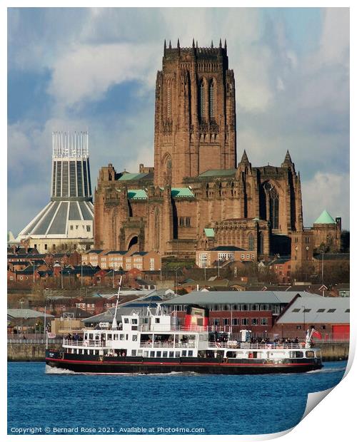 Liverpool Catherdrals and Mersey Ferry Print by Bernard Rose Photography