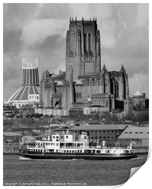 Liverpool Catherdrals and Mersey Ferry Print by Bernard Rose Photography