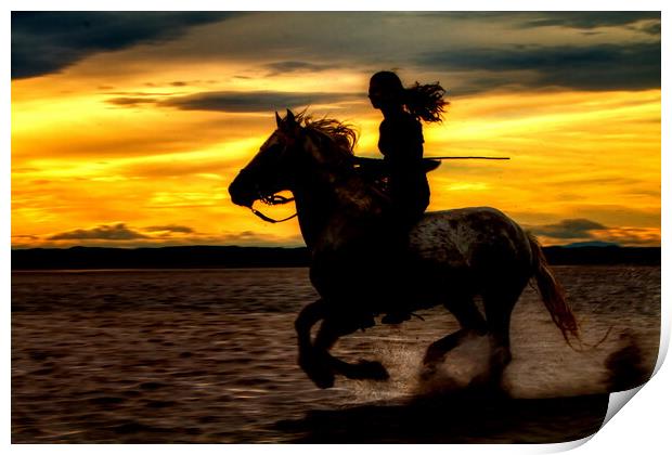 Girl Horse riding silhouetted against sunset Print by Helkoryo Photography