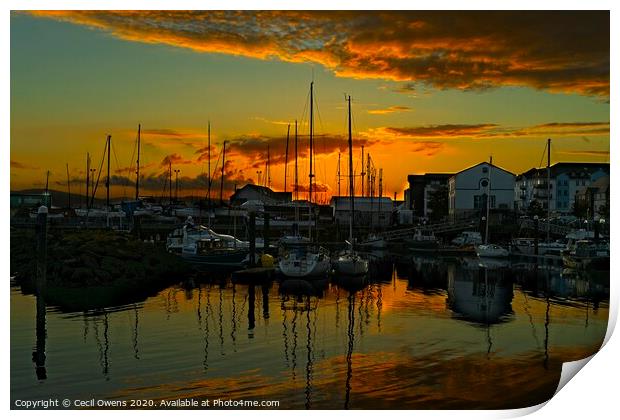 Sunset over Carrickfergus harbour. Print by Cecil Owens