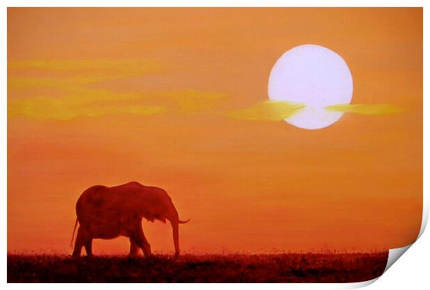 Painting by Peter Bolton, 2003. Elephant at sunset. Now available as prints. Print by Peter Bolton