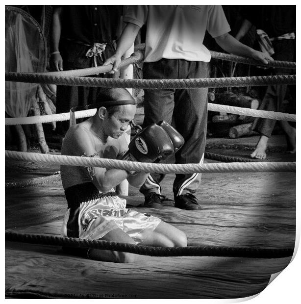 Muay Thai  boxer meditates before a bout. Bangkok, Thailand. Print by Peter Bolton