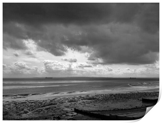 Black and white seascape across Thames Estuary from Thorpe Bay, Essex, UK. Print by Peter Bolton