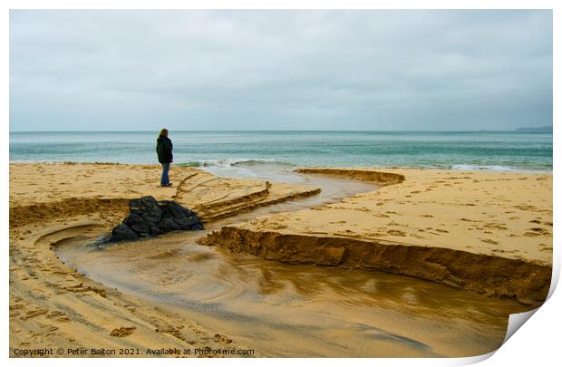 Outgoing tide at St.Ives, Cornwall.  Print by Peter Bolton