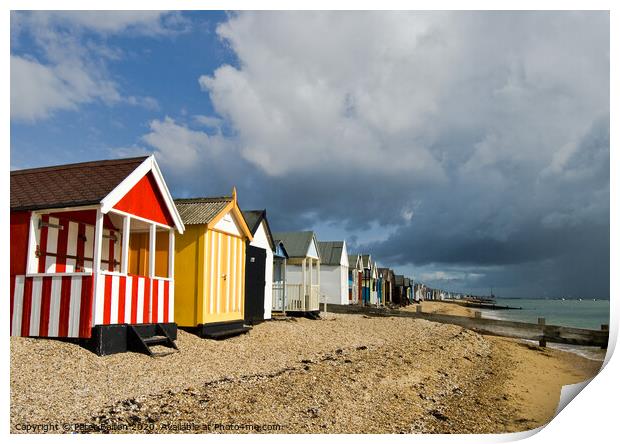 Beach huts at Thorpe Bay, Essex, UK Print by Peter Bolton