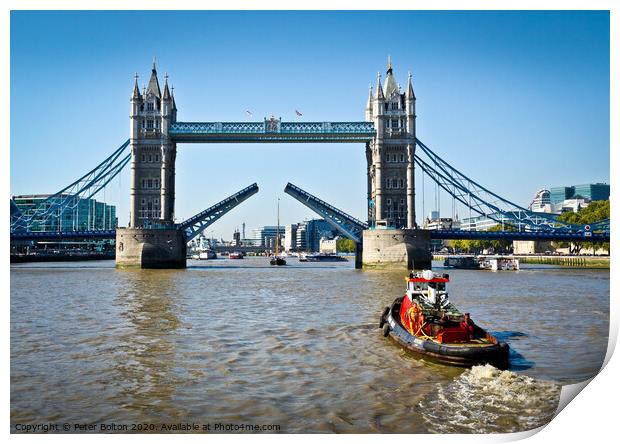 Tower Bridge on River Thames in London opens for a Print by Peter Bolton