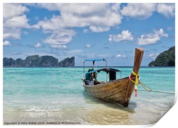 Long tail boat on the beach at Ko Phi Phi Leh, Krabi Province, Thailand. Print by Peter Bolton