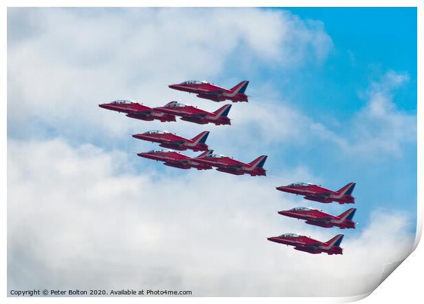 The Red Arrows in formation at a display at Southend on Sea, Essex, UK. Print by Peter Bolton