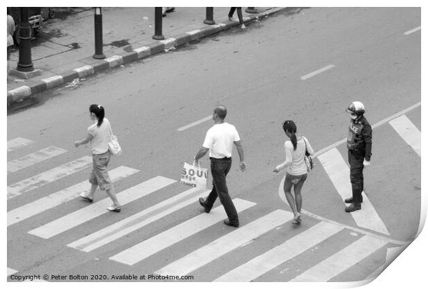 People on a pedestrian crossing in Bangkok. Print by Peter Bolton