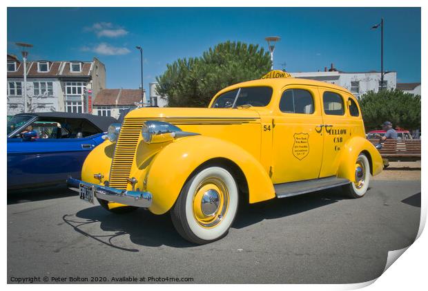 'Big Yellow Taxi' on display at Southend on Sea, Essex, UK. Vintage vehicle at a show. Print by Peter Bolton