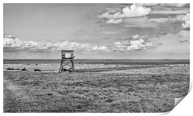Black and white landscape of coastal nature reserve with an observation hide. At Bradwell, Essex. Print by Peter Bolton