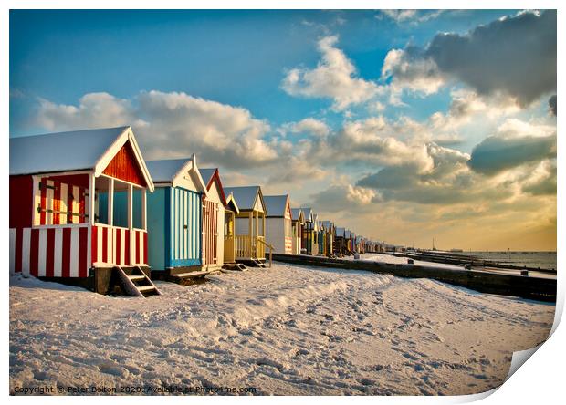 Beach huts at Thorpe Bay in winter with snow.  Print by Peter Bolton