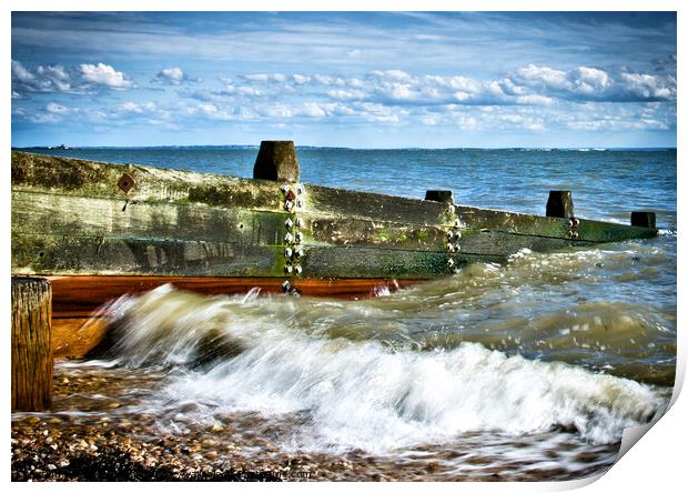 Waves crashing over a breakwater on the beach at Westcliff on Sea, Essex, UK Print by Peter Bolton