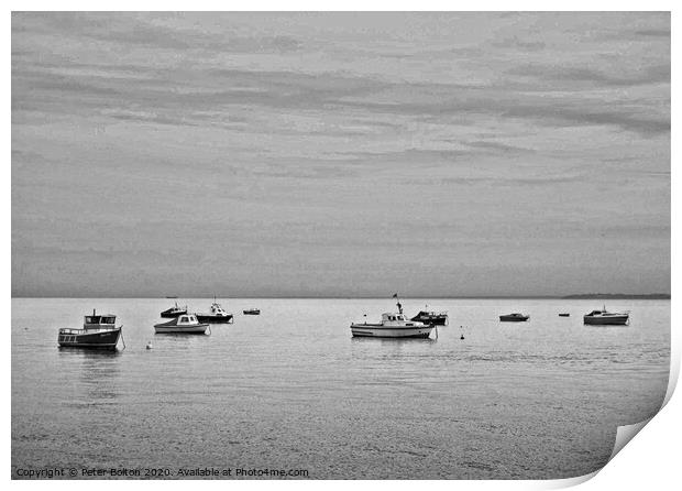 Black and white study of small boats at anchor offshore at Thorpe Bay, Essex. Print by Peter Bolton