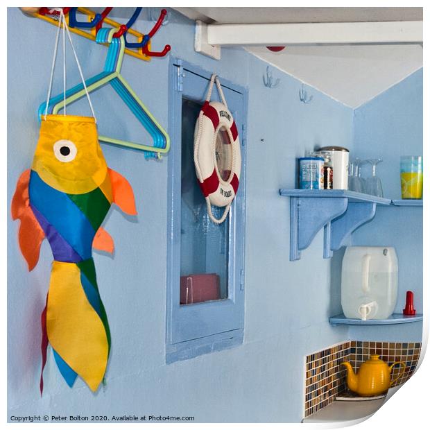 Inside corner of a beach hut. Colourful still life. Print by Peter Bolton