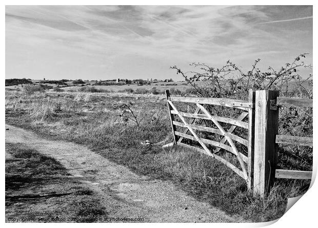 A view through a farm gate in black and white at Two Tree Island, with Hadleigh Castle on the horizon. Essex, UK.  Print by Peter Bolton