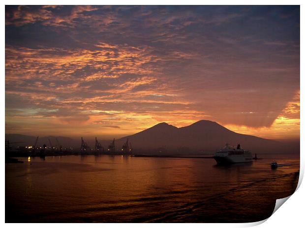 Bay of Naples and Vesuvius at first light. Print by Peter Bolton