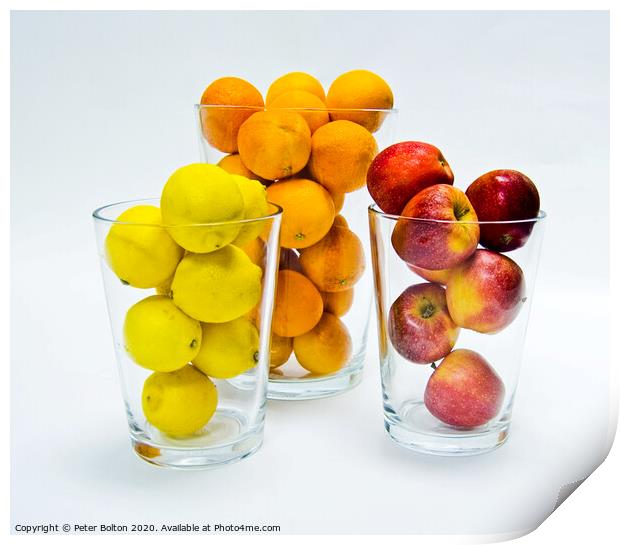 Graphic design of lemons, apples and oranges arranged in glass tumblers. Print by Peter Bolton